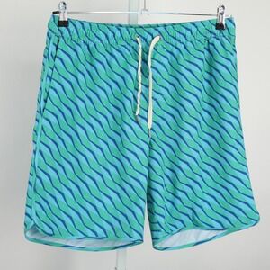 Fair Harbor Shorts Men XL Blue Green Stripes Lined Drawstring Elastic Waist